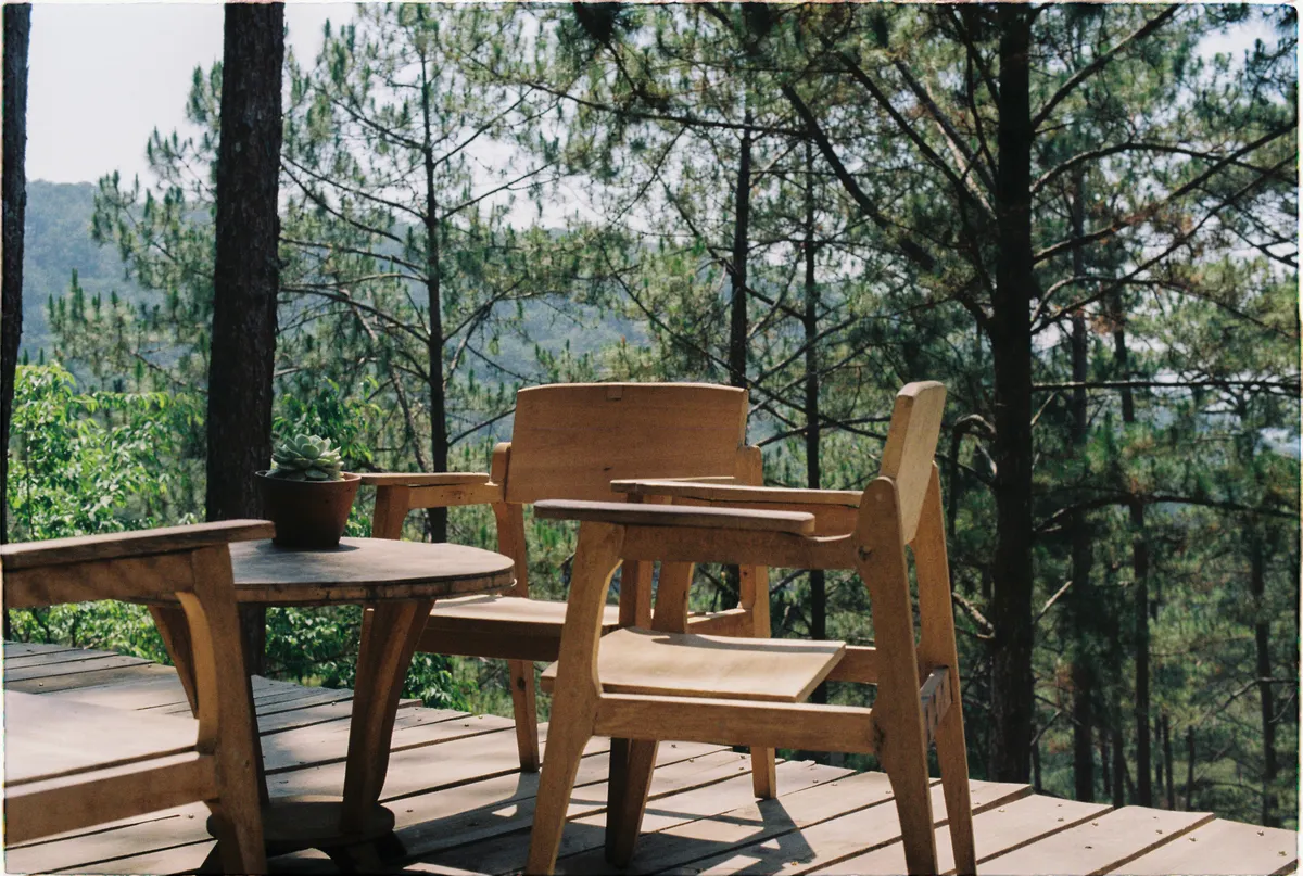 Wooden patio with chairs and table overlooking a lush tree line